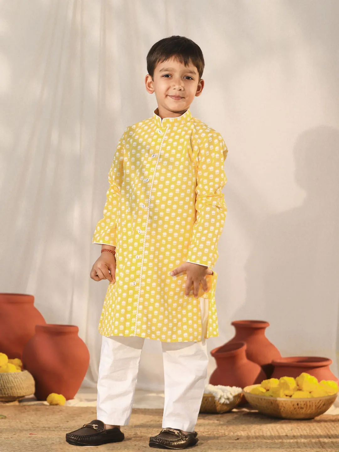 VASTRAMAY Yellow Cotton Printed Siblings Matching Set