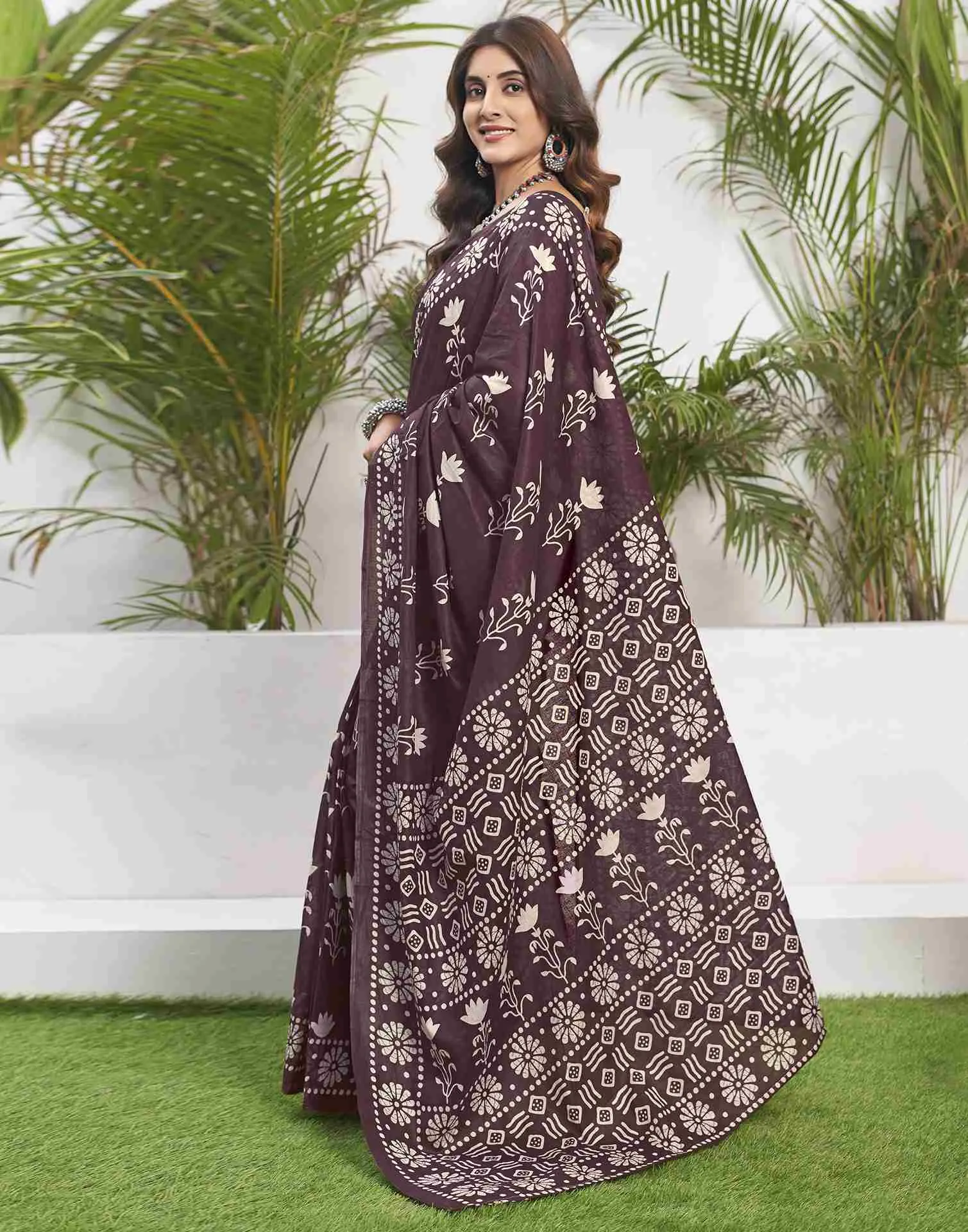 Wine Cotton Printed Saree