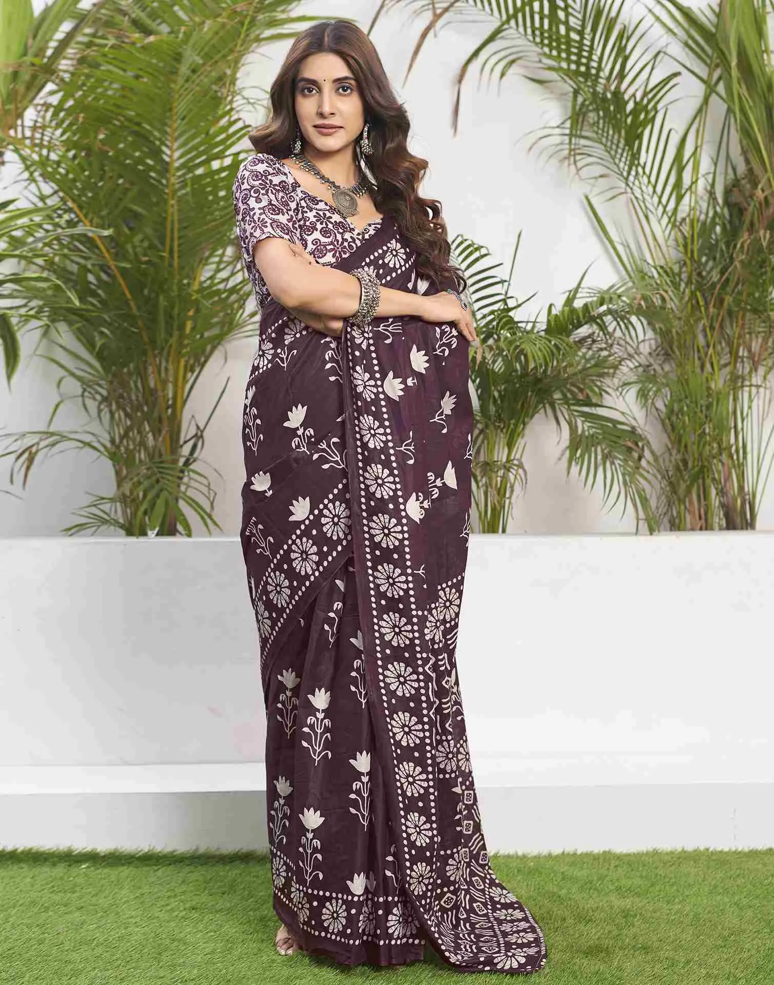 Wine Cotton Printed Saree