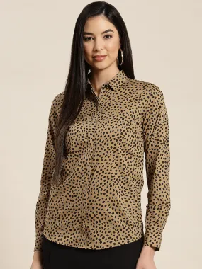 Women Beige & Black Leapord Printed  Pure Cotton Slim Fit Formal Shirt