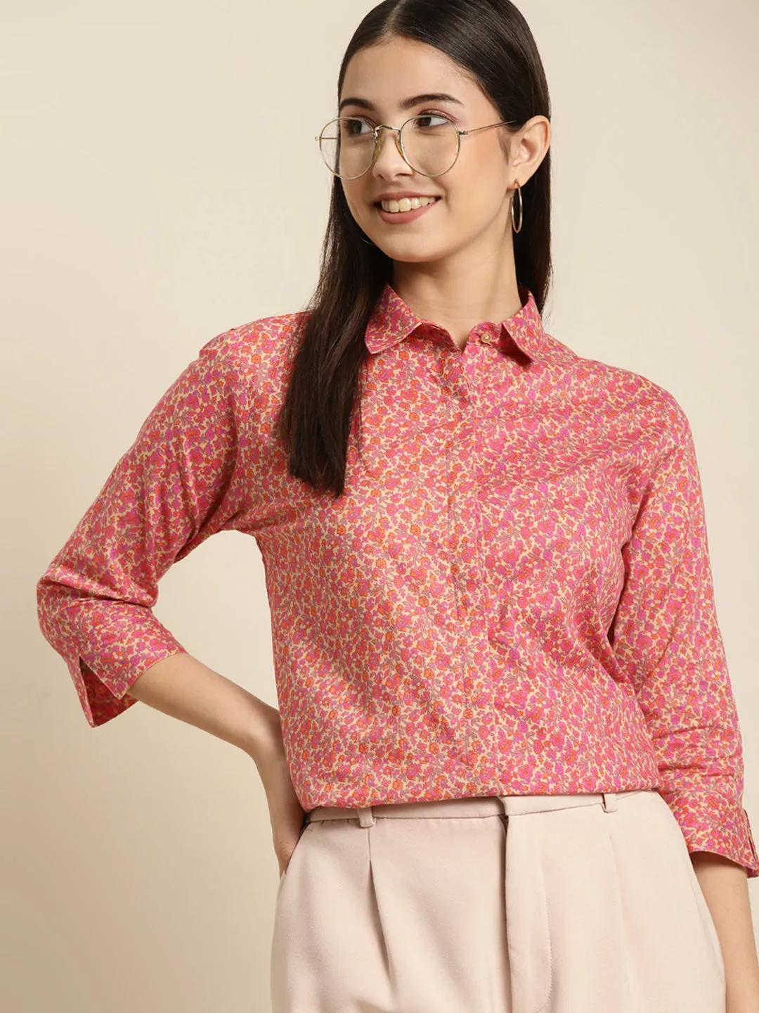 Women Beige & Magenta Printed Pure Cotton Regular Fit Formal Shirt