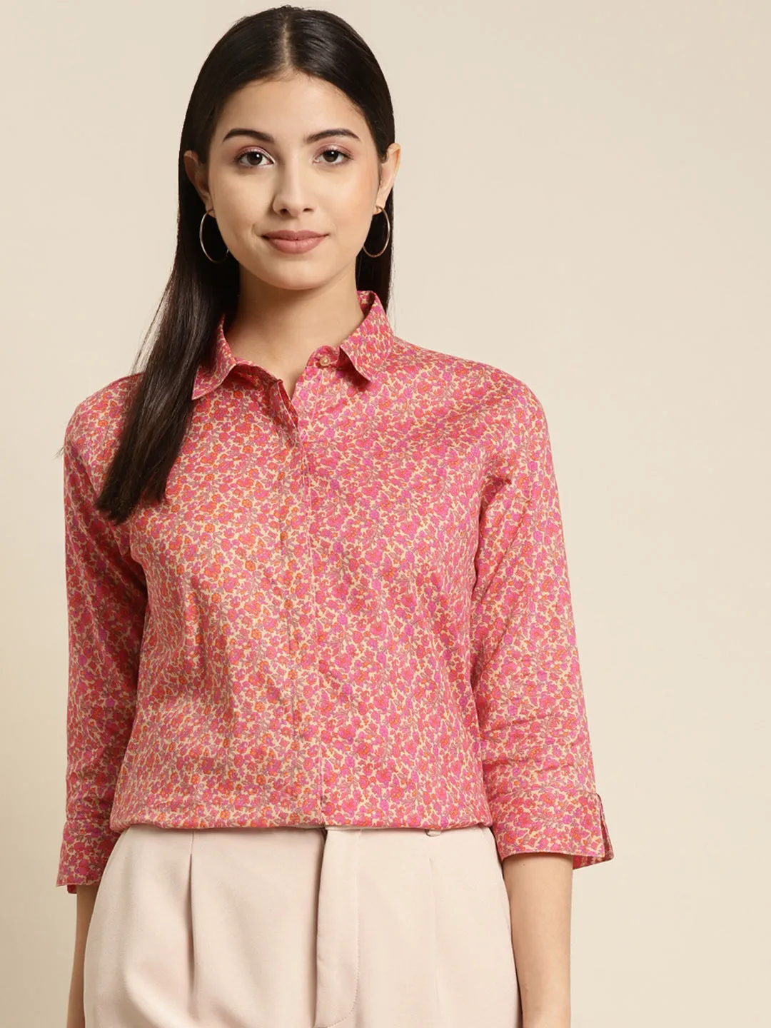 Women Beige & Magenta Printed Pure Cotton Regular Fit Formal Shirt