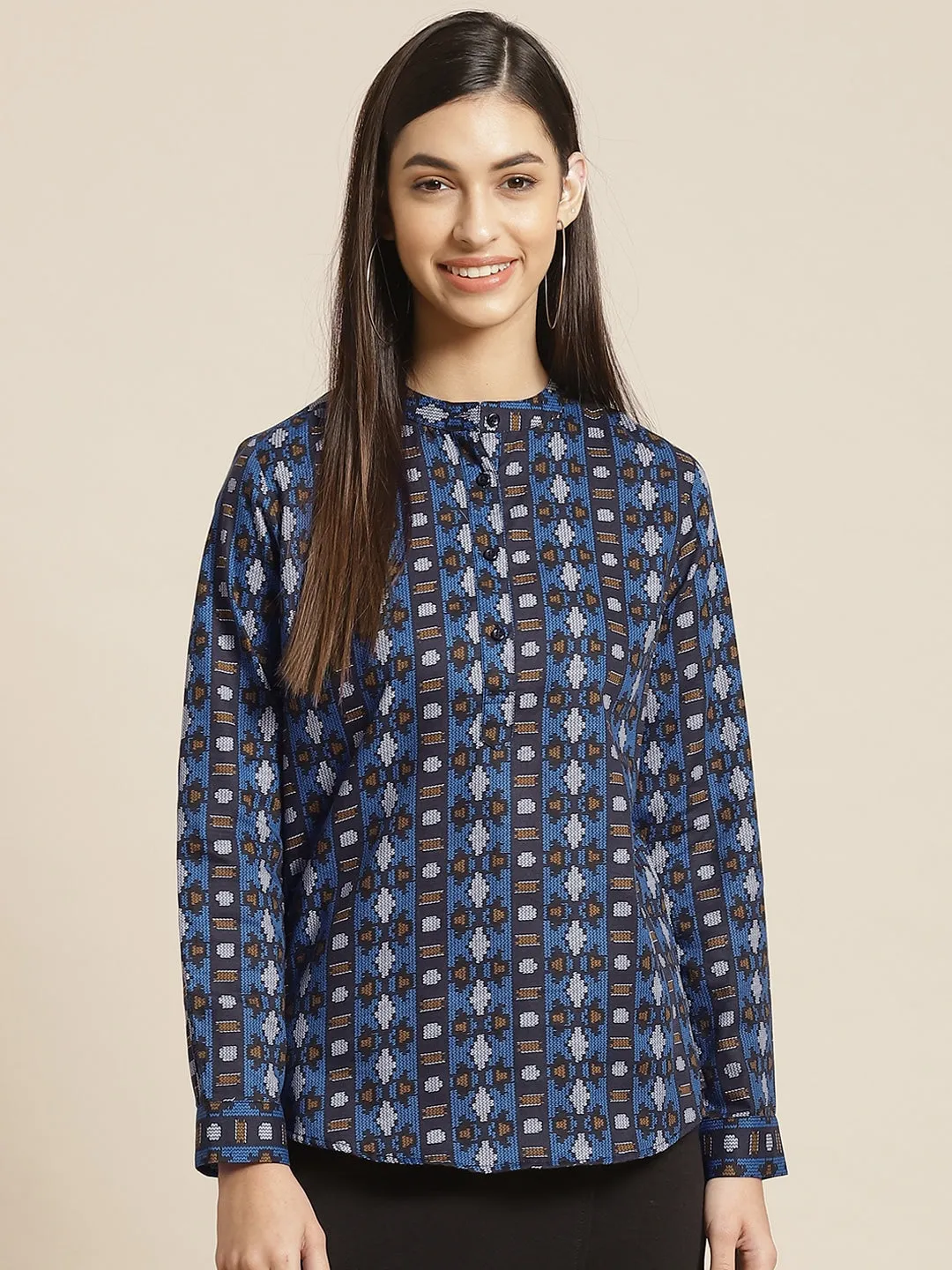 Women Black & Blue Printed Pure Cotton Slim Fit Formal Top