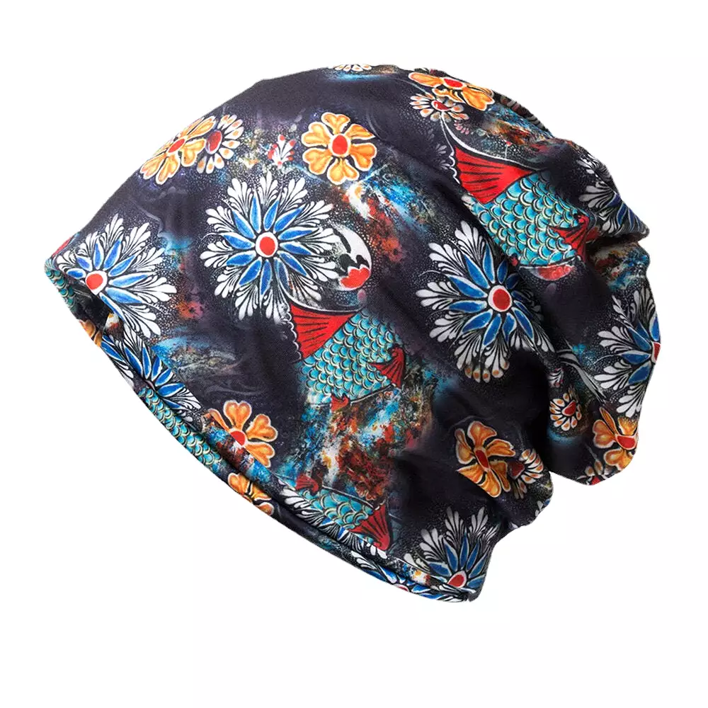 Women Dual-use Breathable Baotou Hat Cotton Overlay Colored Floral Printed Casual Elastic Scarf Beanie Hat