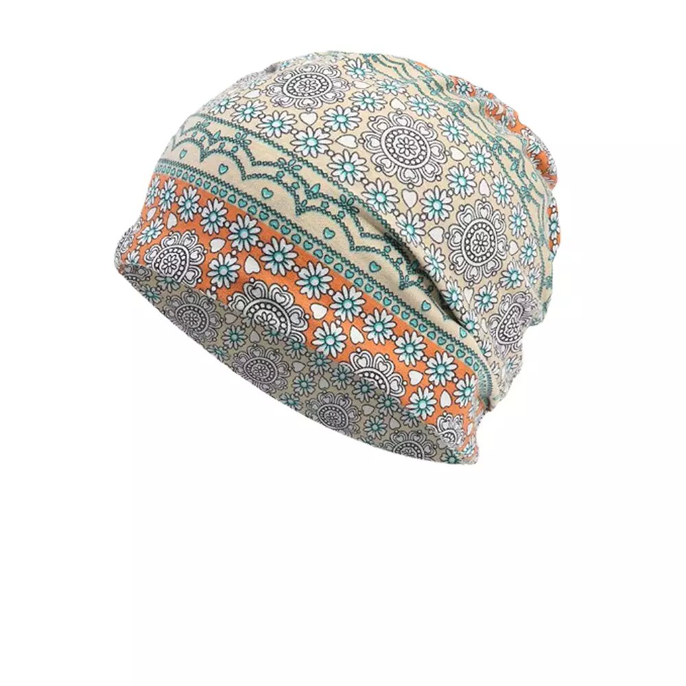 Women Full Cotton Non-allergenic Baotou Hat Bib Fashion Flower Printed Autumn Winter Plus Velvet Warm  Scarf Beanie Hat