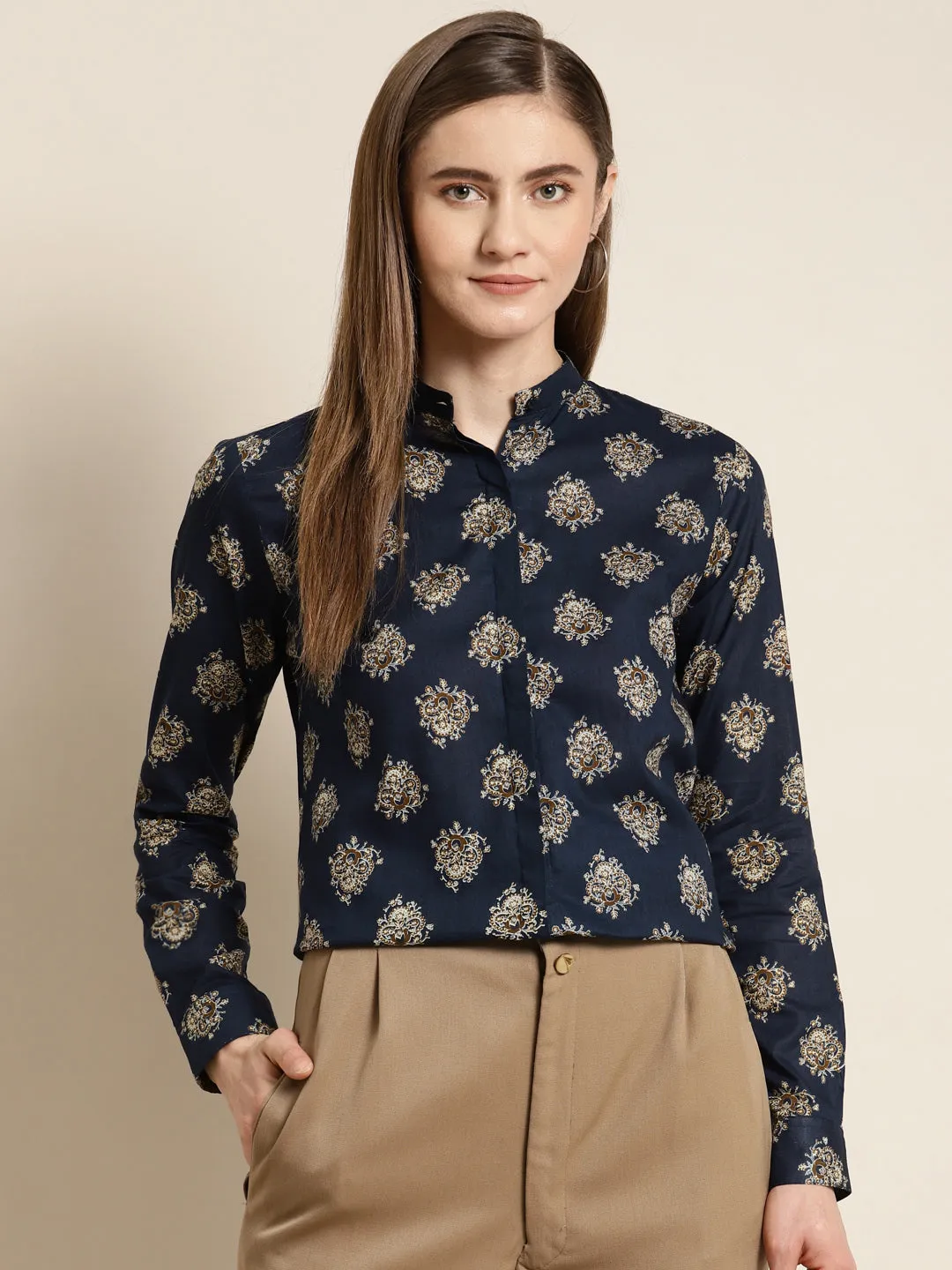 Women Navy Printed Pure Cotton Regular Fit Formal Shirt