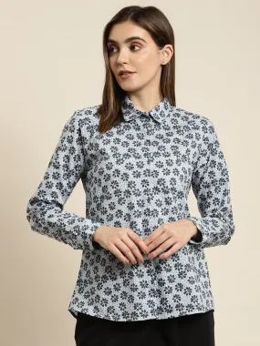 Women Sky & Navy Printed Pure Cotton Regular Fit Formal Shirt