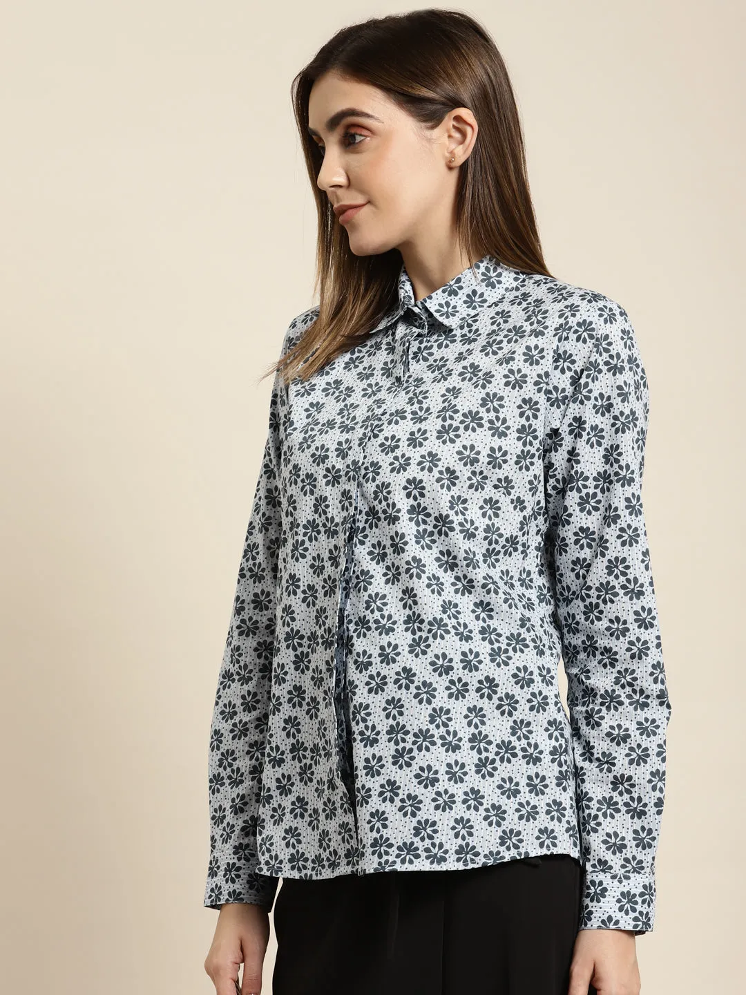 Women Sky & Navy Printed Pure Cotton Regular Fit Formal Shirt