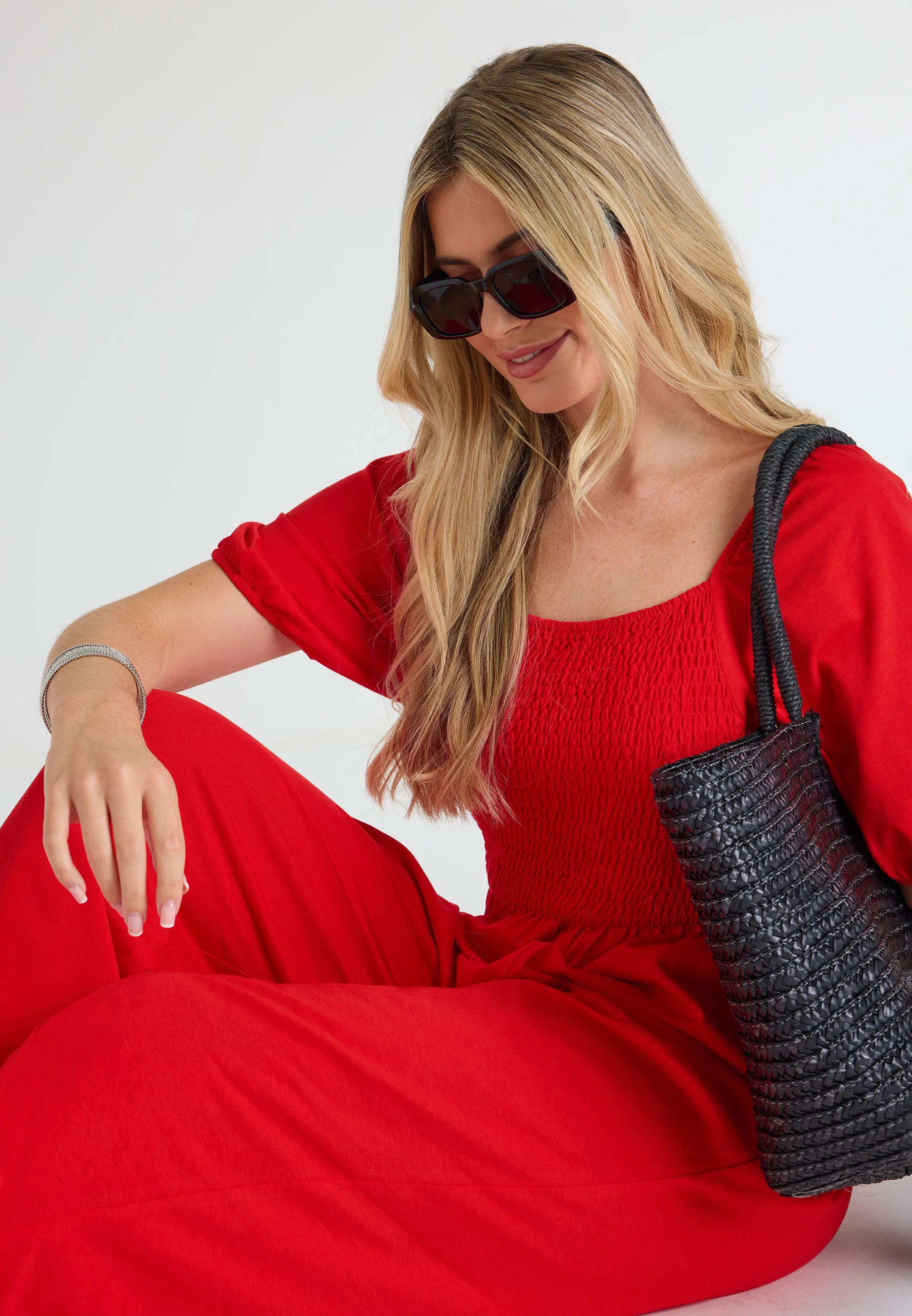 Womens Red Puff Sleeve Shirred Jumpsuit