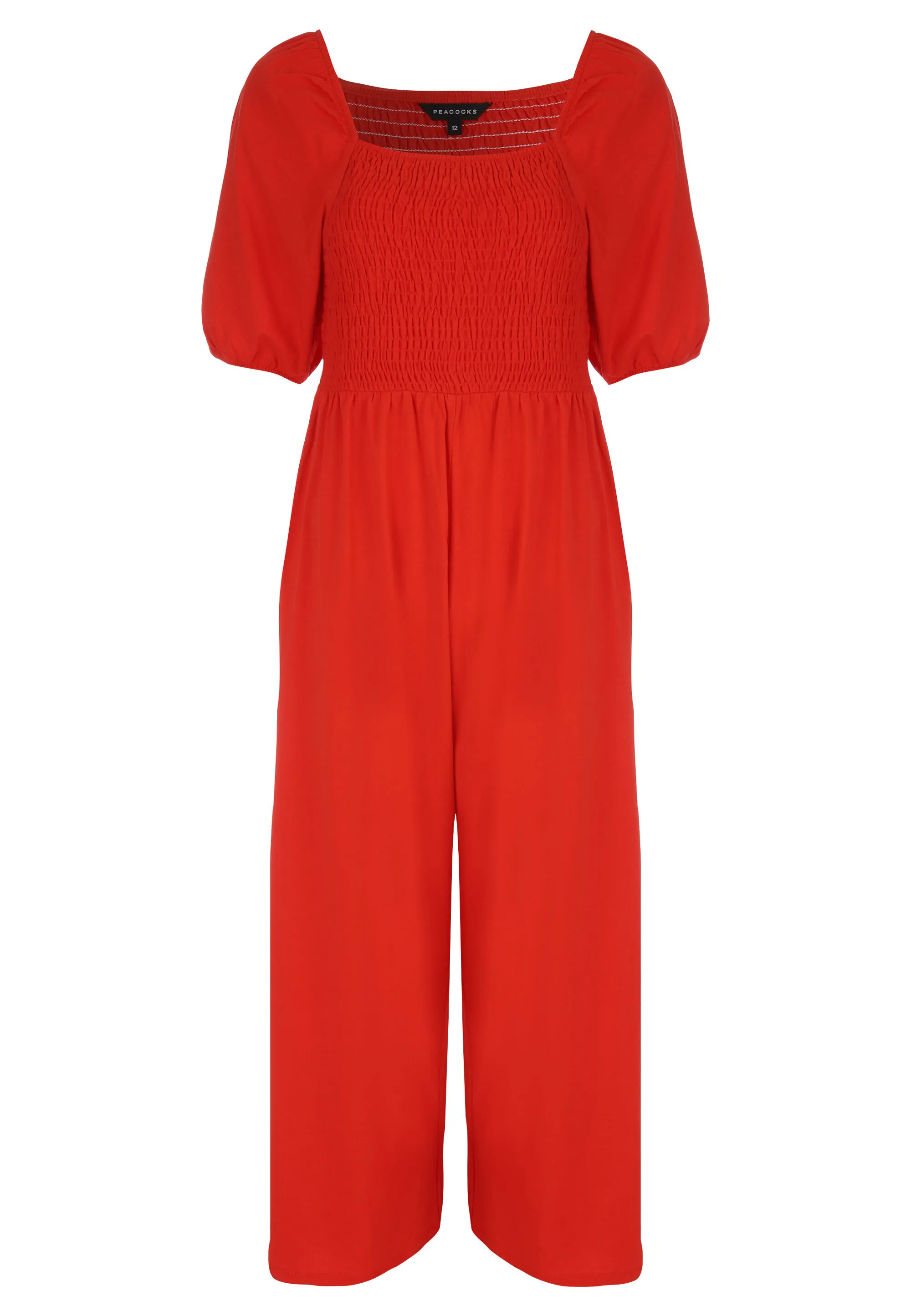 Womens Red Puff Sleeve Shirred Jumpsuit