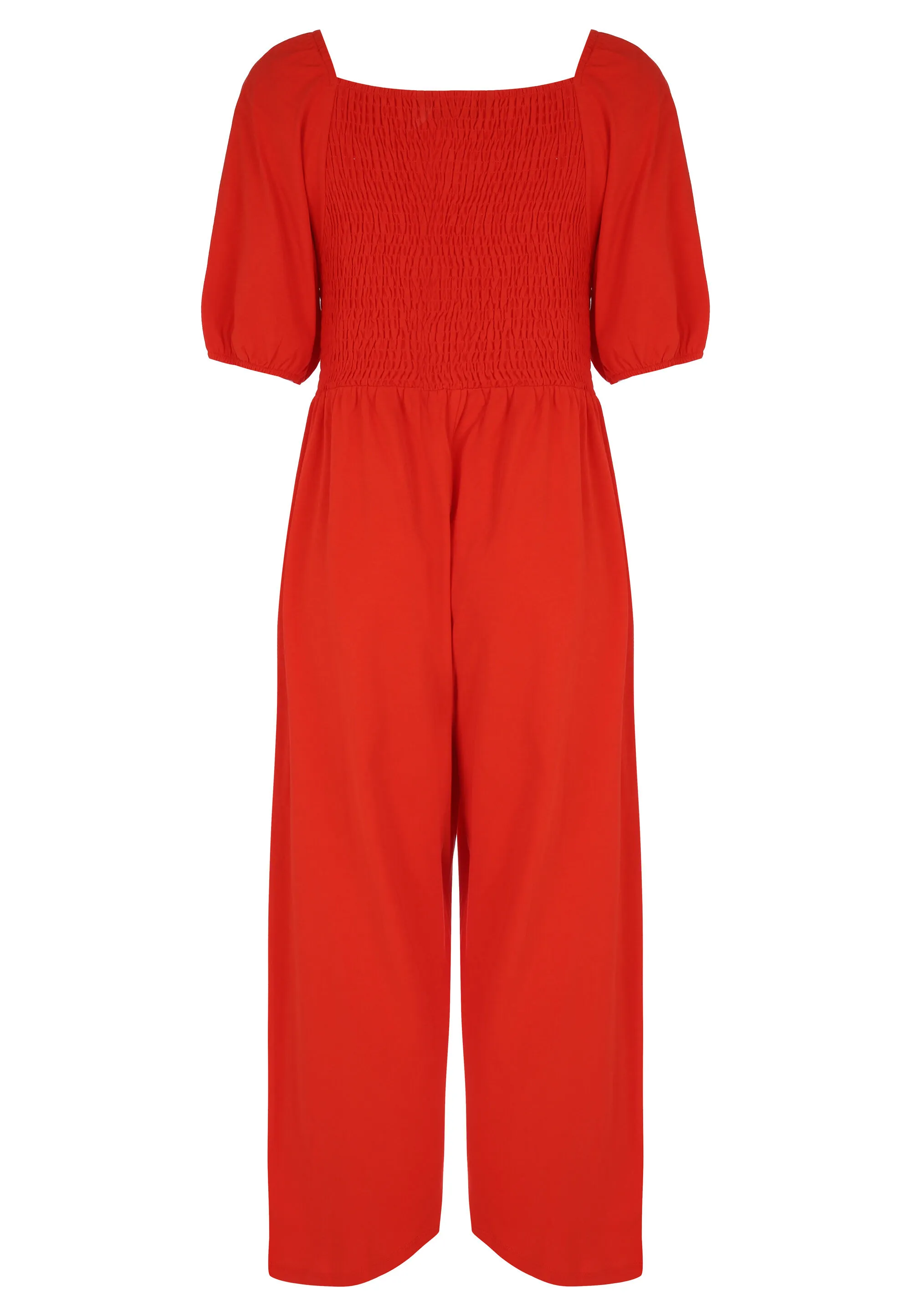 Womens Red Puff Sleeve Shirred Jumpsuit