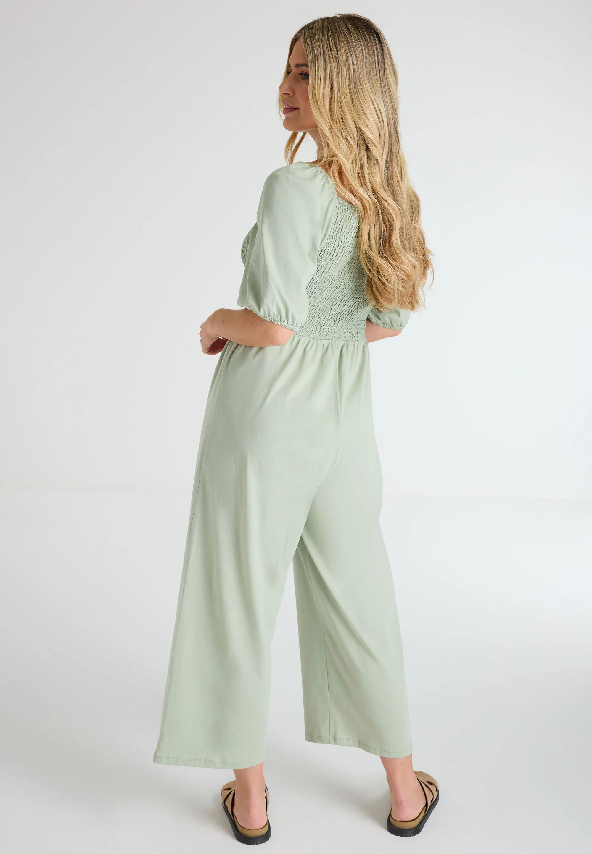 Womens Sage Puff Sleeve Shirred Jumpsuit