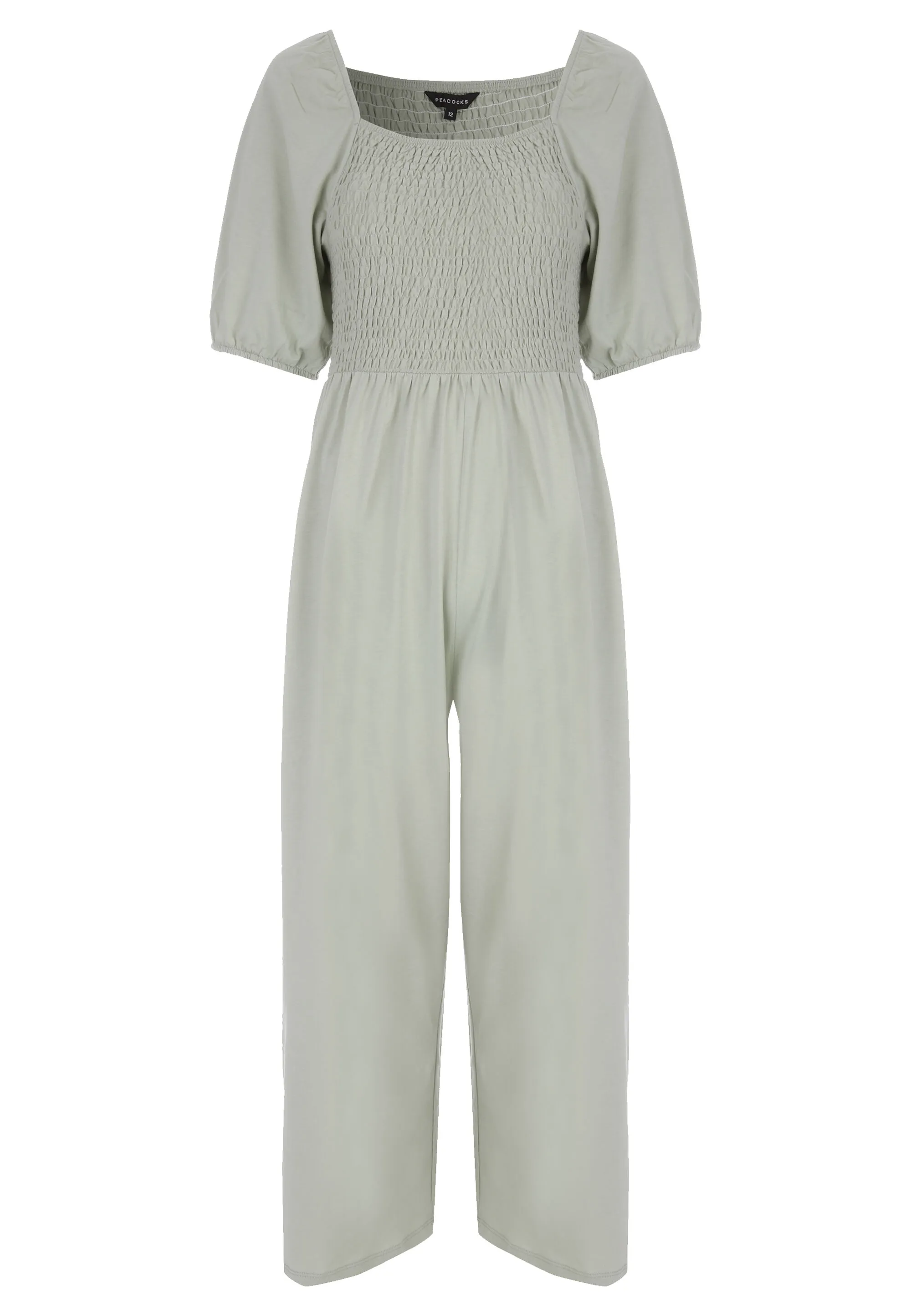 Womens Sage Puff Sleeve Shirred Jumpsuit